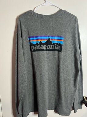 Patagonia Men's Long-Sleeve Logo Tee - Heather Gray with Blue & Purple Stripe